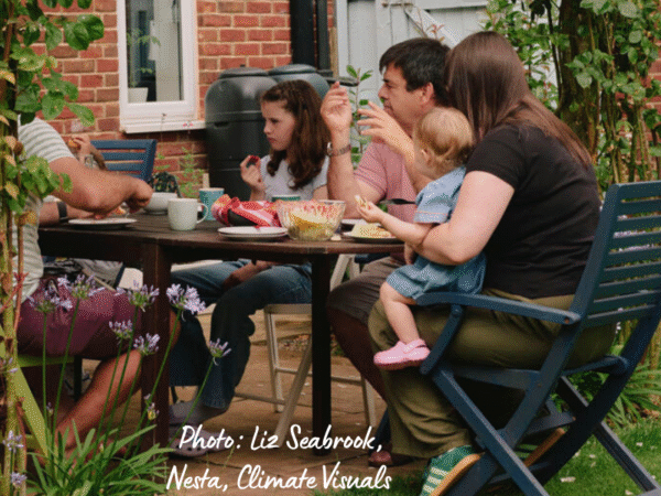 Pitkins Family in Garden with Heat Pump by Liz Seabrook, Nesta, Climate Visuals
