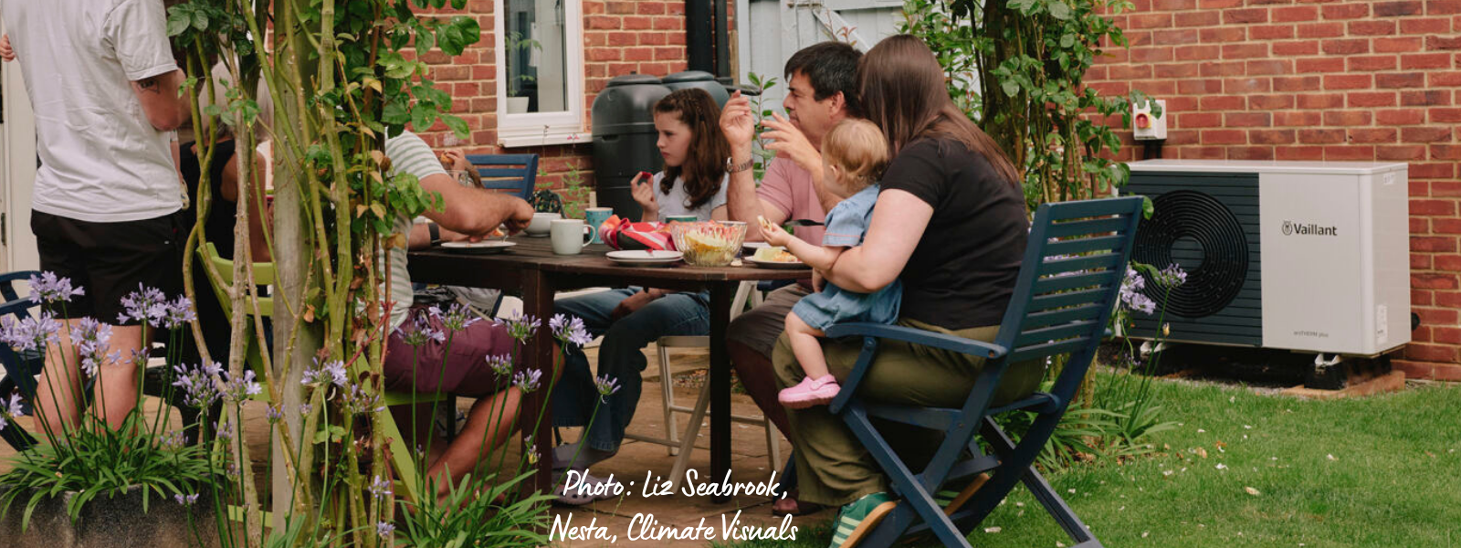 Pitkins Family in Garden with Heat Pump by Liz Seabrook, Nesta, Climate Visuals